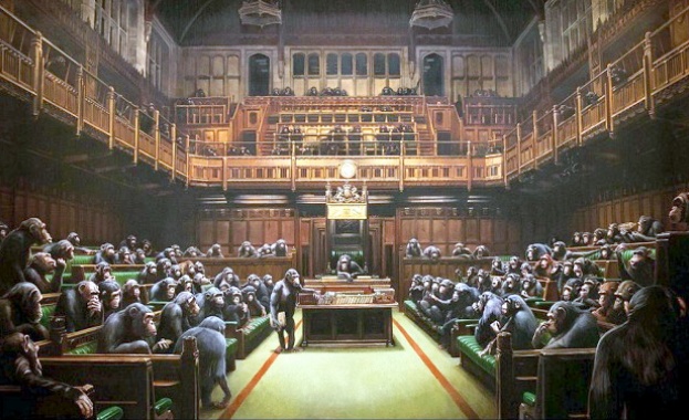 Картина на Банкси изобразяваща Британския парламент пълен с шимпанзета ще